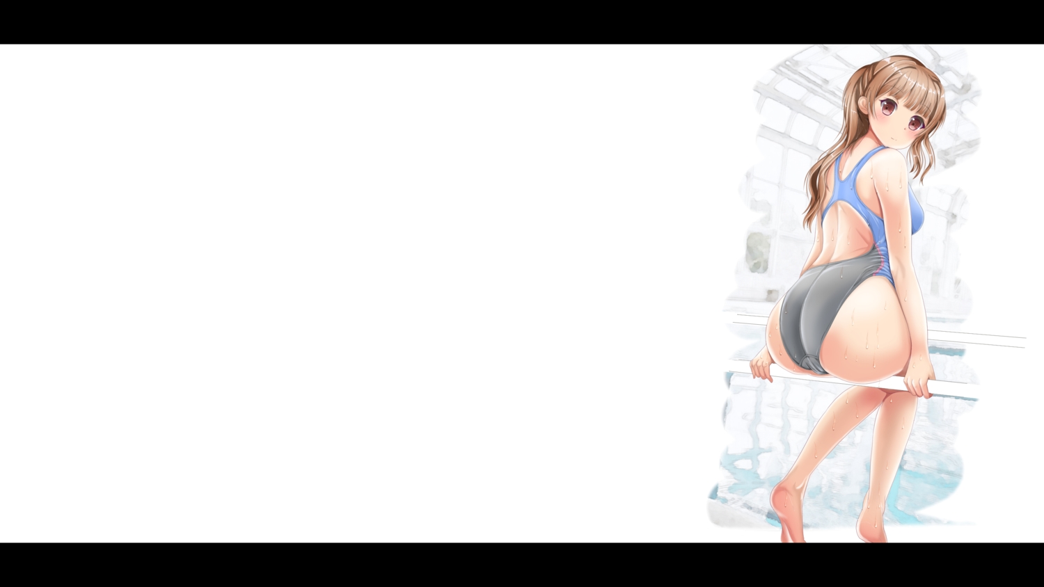 ass, barefoot, brown_eyes, brown_hair, mashinatsu, original, ponytail, red_eyes, swimsuit, wet, white