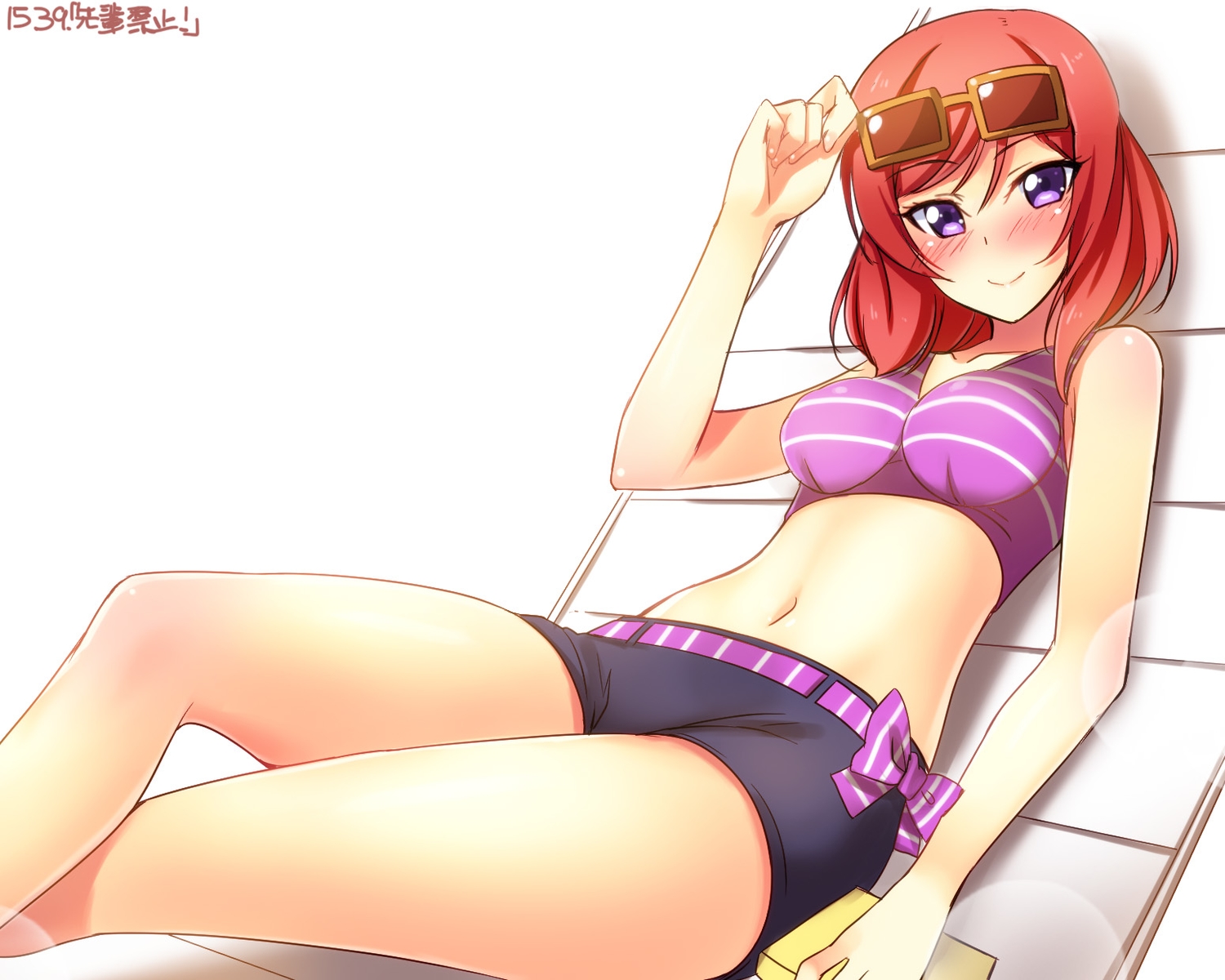 blush, book, love_live!_school_idol_project, navel, nishikino_maki, red_hair, sunglasses, swimsuit