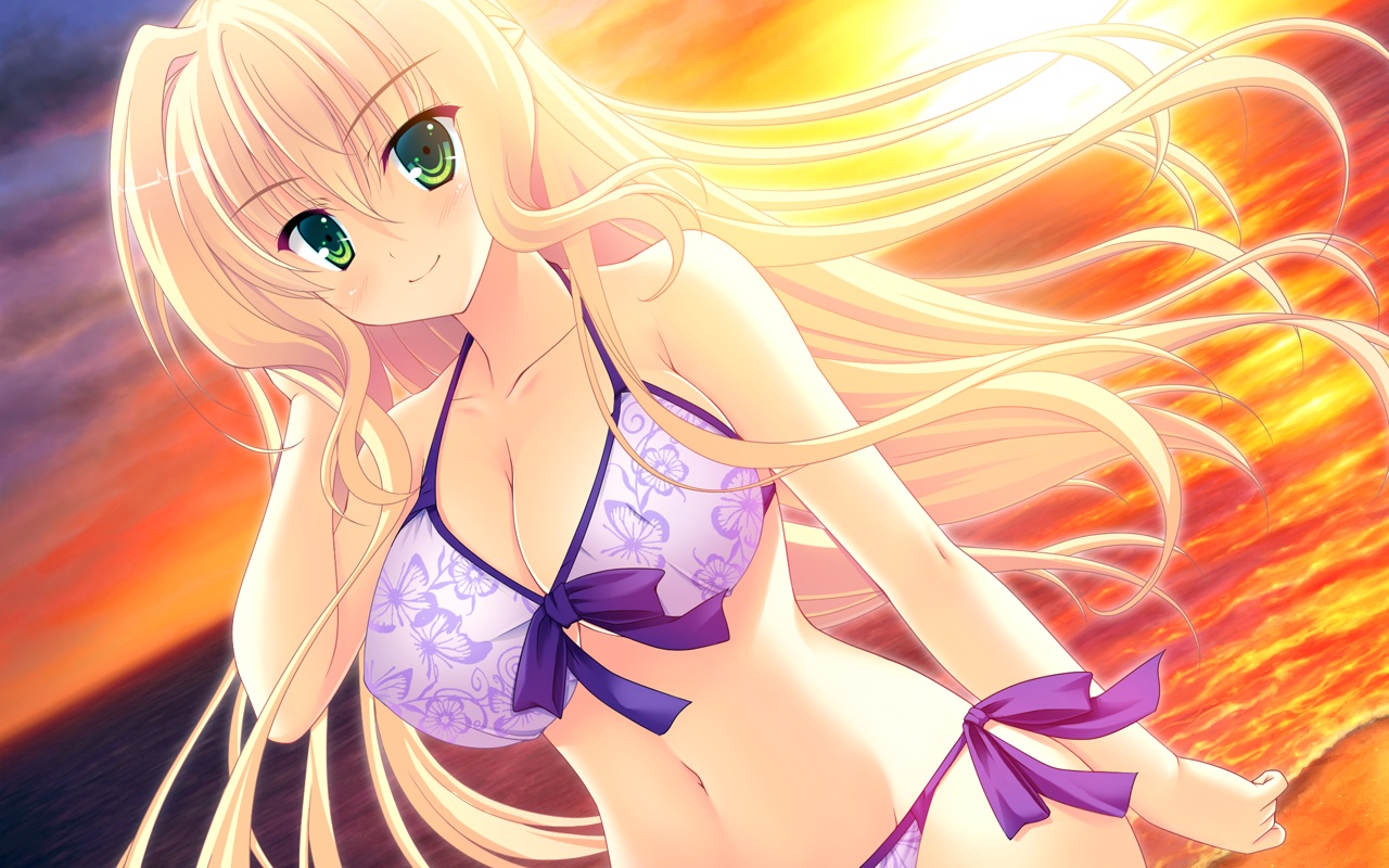 arisuzaki_tamaki, beach, bikini, blonde_hair, breasts, cleavage, game_cg, green_eyes, long_hair, mainichi_ga_harem_sugite_ore_wa_yome_wo_kimerarenai!, ojitcha, peassoft, sunset, swimsuit