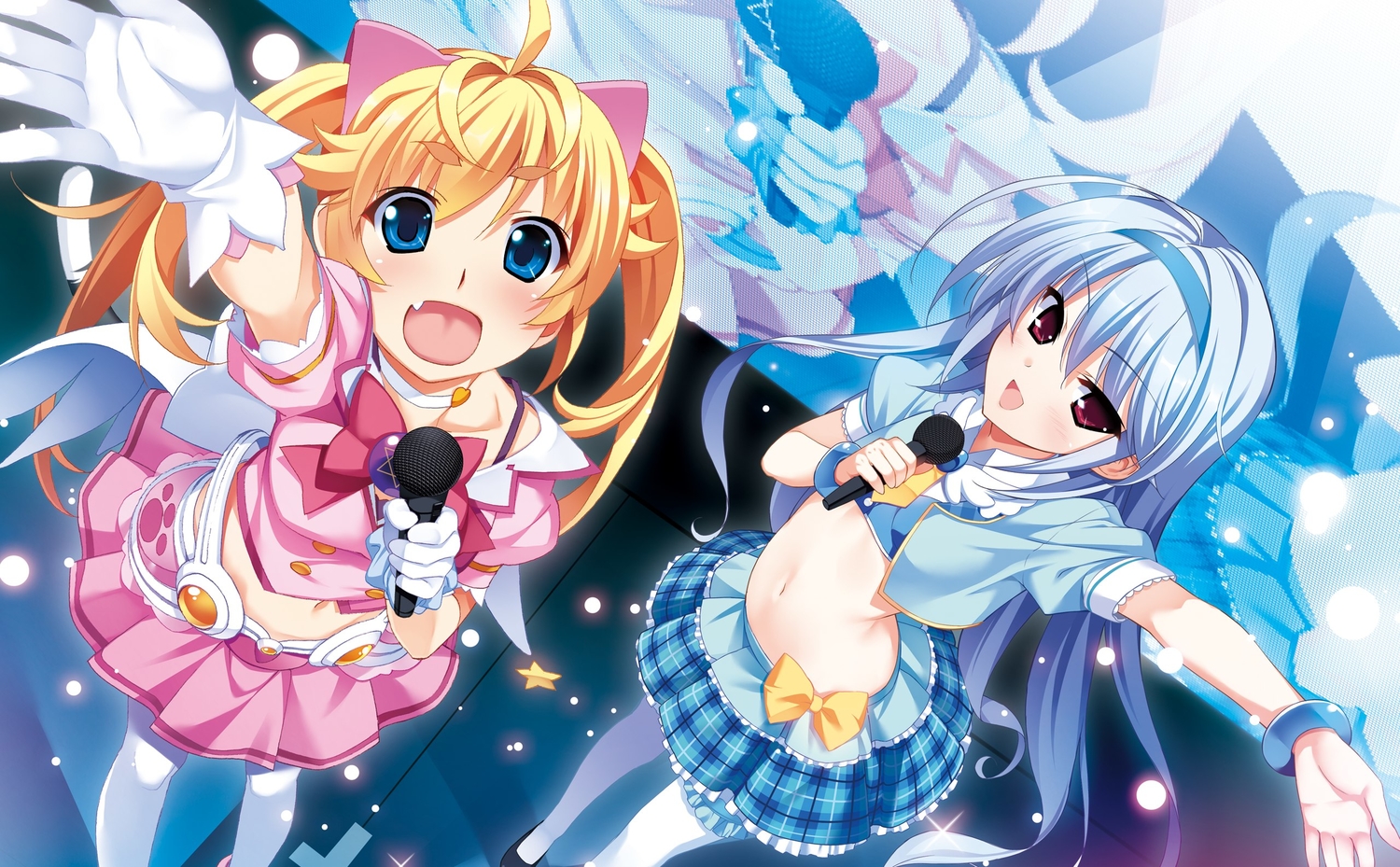 2girls, blonde_hair, blue_eyes, blue_hair, bow, choker, fang, gloves