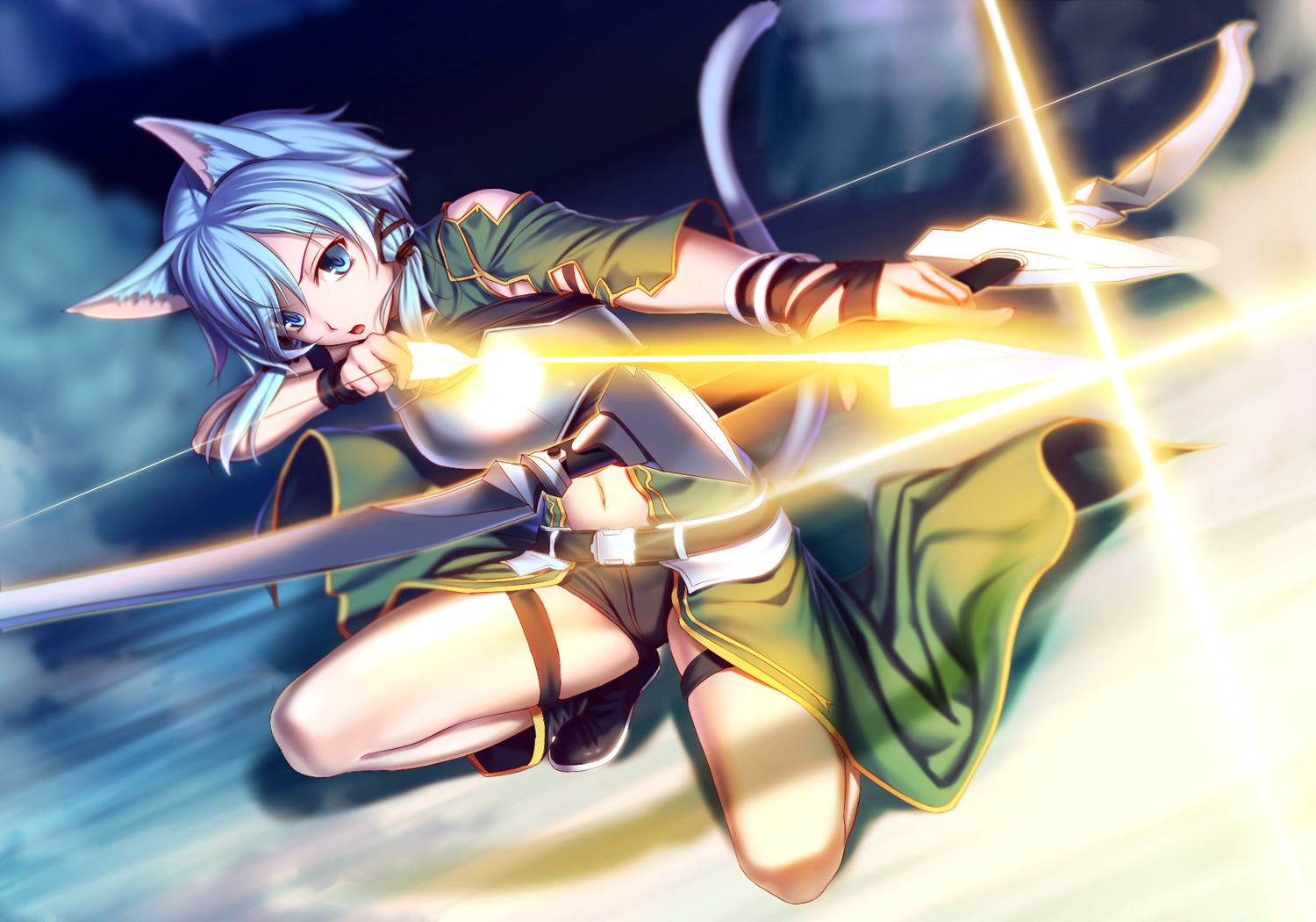 animal_ears, armor, blue_eyes, blue_hair, boots, bow_(weapon), catgirl, jpeg_artifacts, kukuri_(ahagon), magic, navel, shinon_(sao), short_hair, sword_art_online, tail, twintails, weapon, wristwear