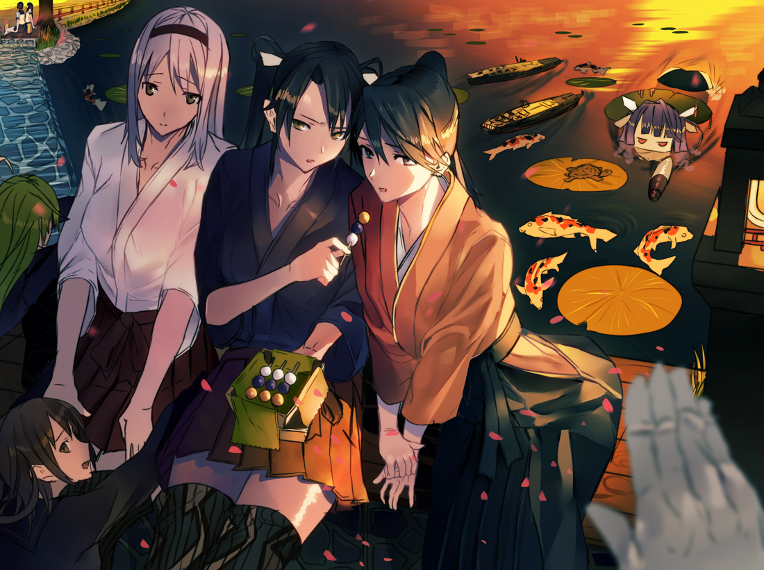 animal, anthropomorphism, fish, food, fubuki_(kancolle), gray_hair, group, hatsuyuki_(kancolle)