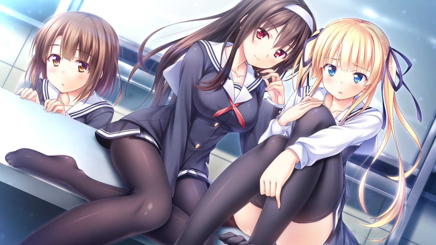 black_hair, blonde_hair, blue_eyes, brown_hair, headband, kasumigaoka_utaha, katou_megumi, long_hair, pantyhose, red_eyes, ribbons, saenai_heroine_no_sodatekata, sawamura_spencer_eriri, school_uniform, skirt, thighhighs, twintails, yuurei_yashiki