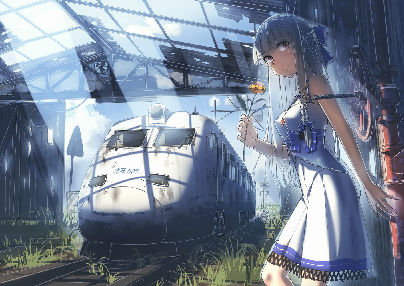 aoki_(miharuu), blonde_hair, bow, braids, building, dress, erect_nipples, flowers