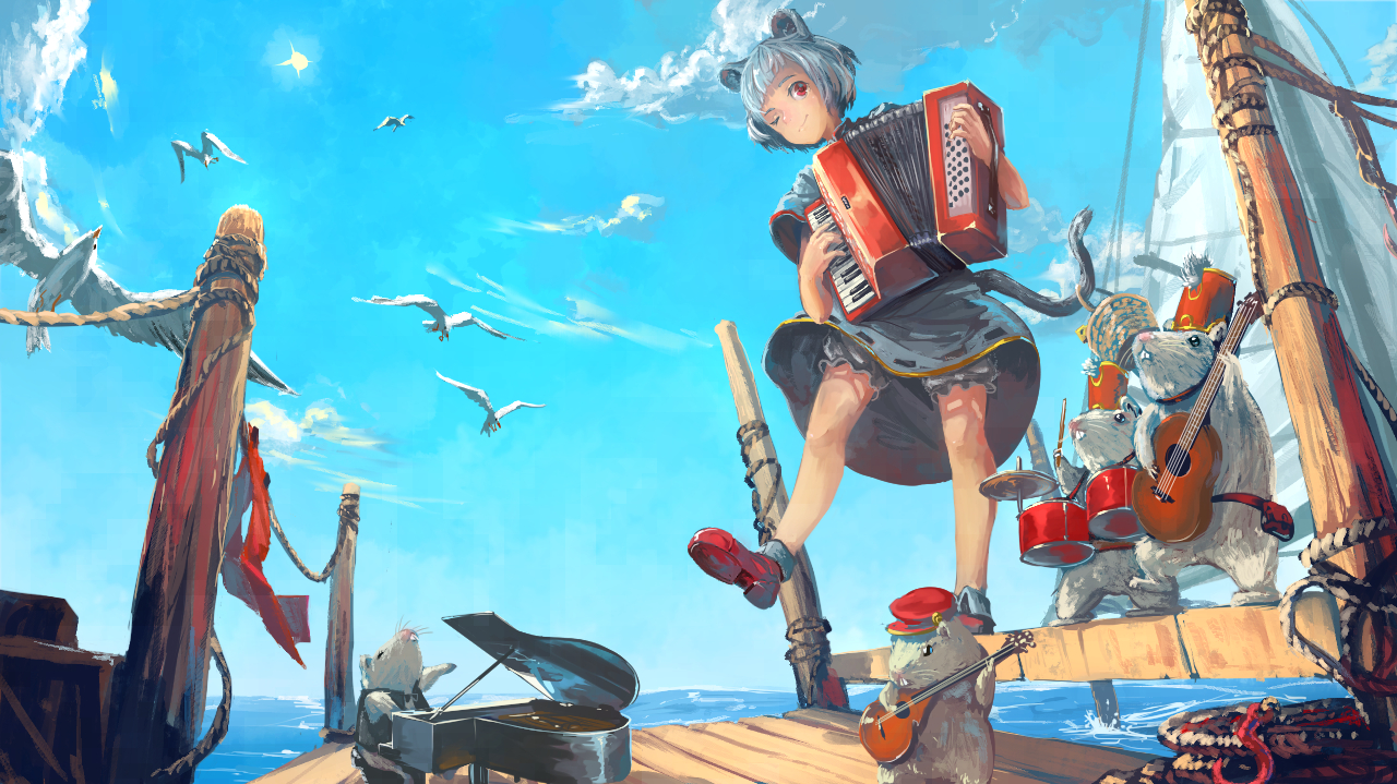 animal, animal_ears, bird, blue_hair, clouds, drums, instrument, kaatoso
