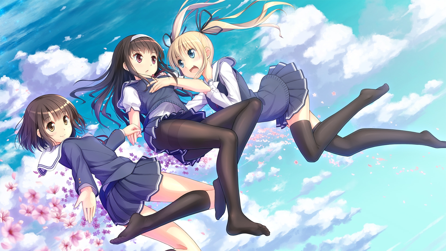 black_hair, blonde_hair, blue_eyes, brown_eyes, brown_hair, cherry_blossoms, clouds, flowers, kasumigaoka_utaha, katou_megumi, kneehighs, long_hair, nablack, pantyhose, red_eyes, saenai_heroine_no_sodatekata, sawamura_spencer_eriri, school_uniform, short_hair, sky, thighhighs, twintails
