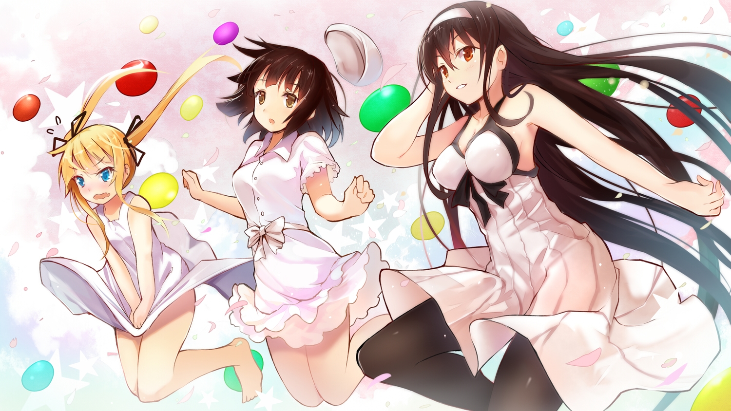 barefoot, black_hair, blonde_hair, blue_eyes, brown_eyes, brown_hair, dress, efe