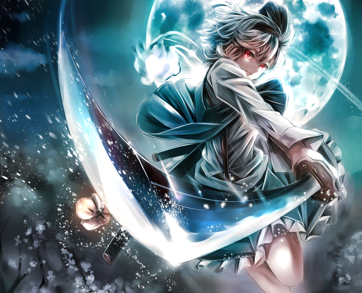 cherry_blossoms, flowers, headband, jan_(lightdragoon), katana, konpaku_youmu, moon, myon, red_eyes, short_hair, skirt, sword, touhou, weapon, white_hair