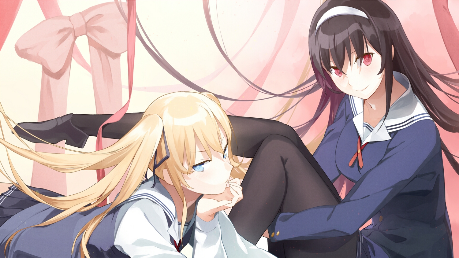 2girls, black_hair, blonde_hair, blue_eyes, headband, kasumigaoka_utaha, long_hair, panda_(pandadesu), pantyhose, red_eyes, saenai_heroine_no_sodatekata, sawamura_spencer_eriri, school_uniform, twintails