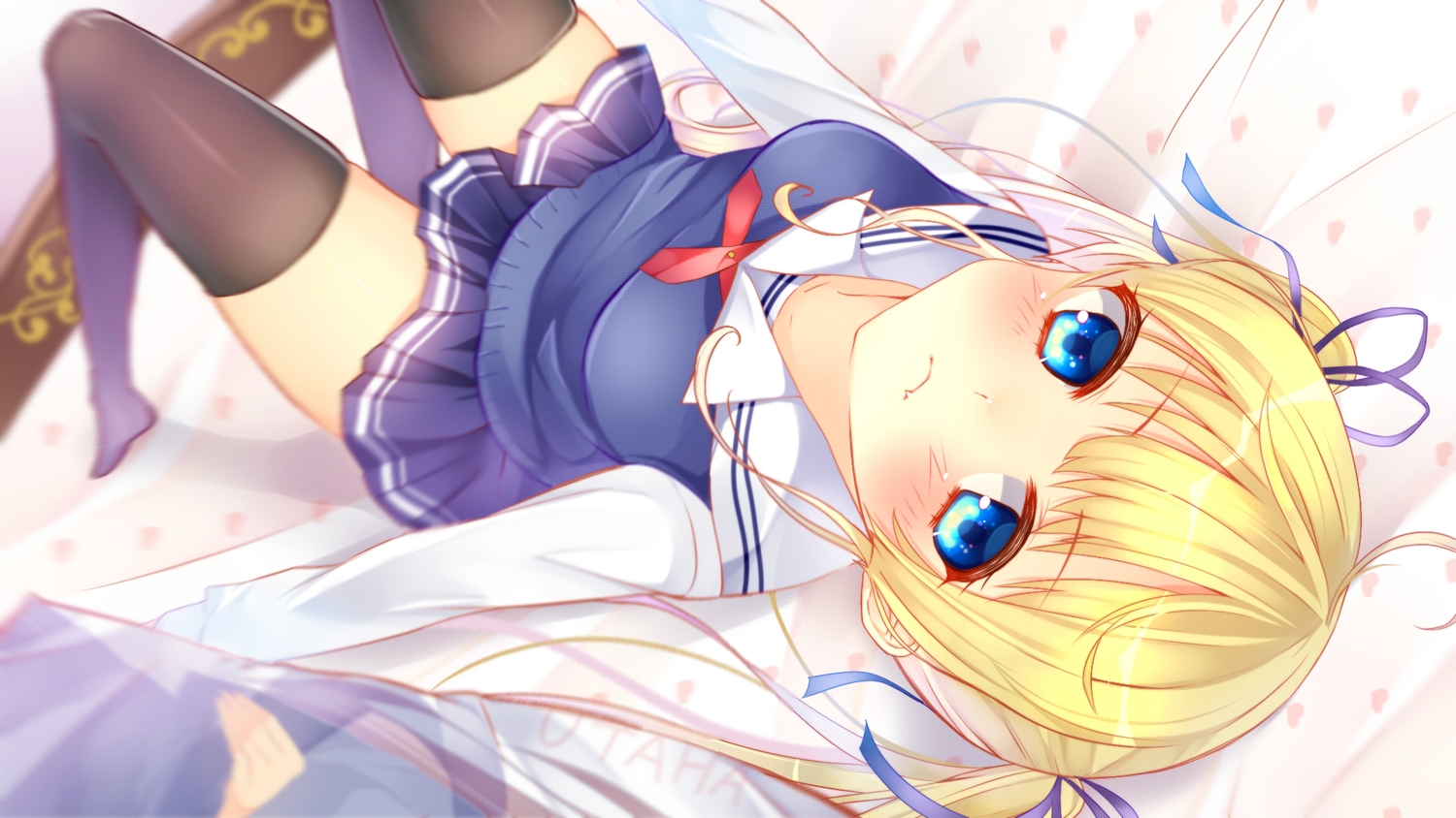 blonde_hair, blue_eyes, blush, chihiro_(khorosho), fang, long_hair, ribbons, saenai_heroine_no_sodatekata, sawamura_spencer_eriri, school_uniform, skirt, thighhighs, zettai_ryouiki