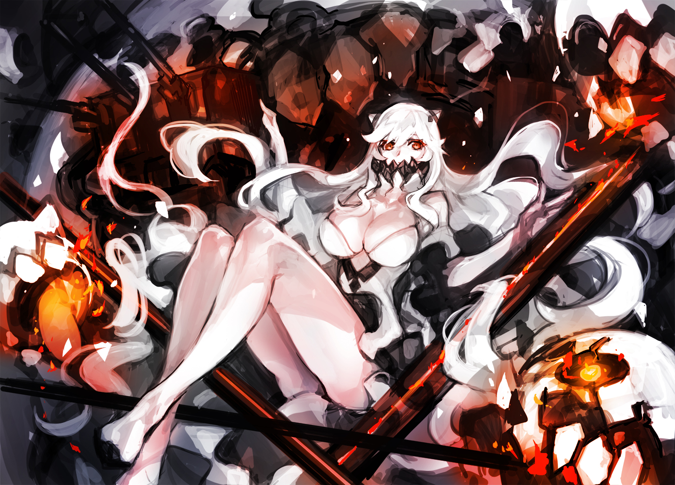 anthropomorphism, breasts, cleavage, dakuro, kantai_collection, long_hair, midway_hime, red_eyes, white_hair