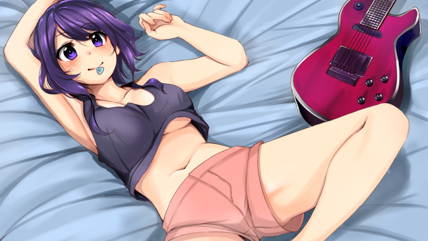 blush, breasts, guitar, hyoudou_michiru, instrument, kirikirimai_(kkm), navel, panties