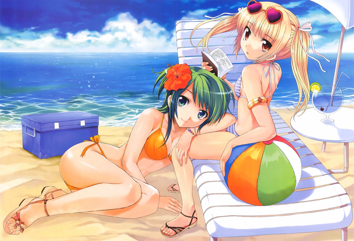 2girls, ball, beach, bikini, book, clouds, drink, girls_avenue, green_eyes, green_hair, megami, scan, sunglasses, swimsuit, tomozo_kaoru, umbrella, water
