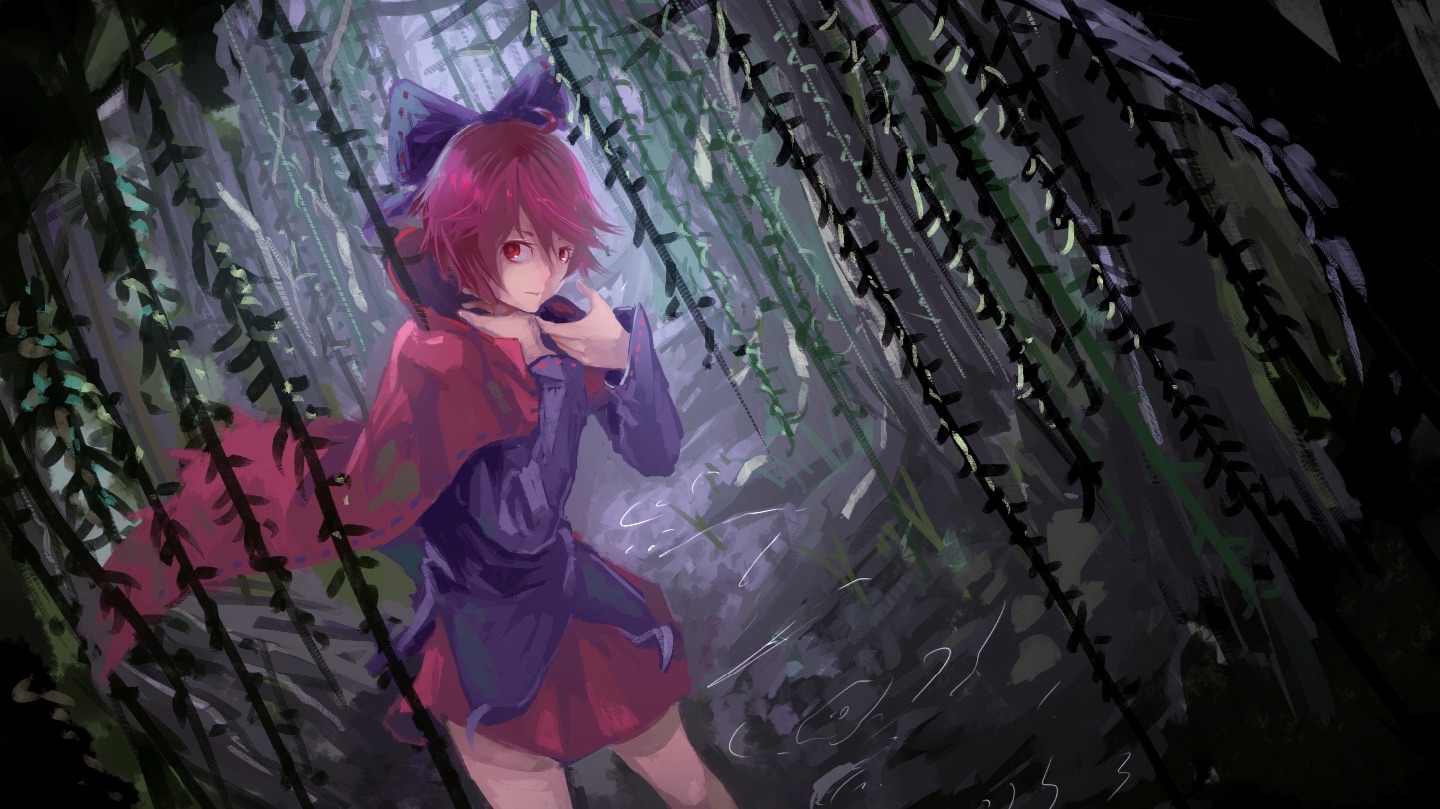 bow, cape, forest, kaatoso, red_eyes, red_hair, sekibanki, short_hair