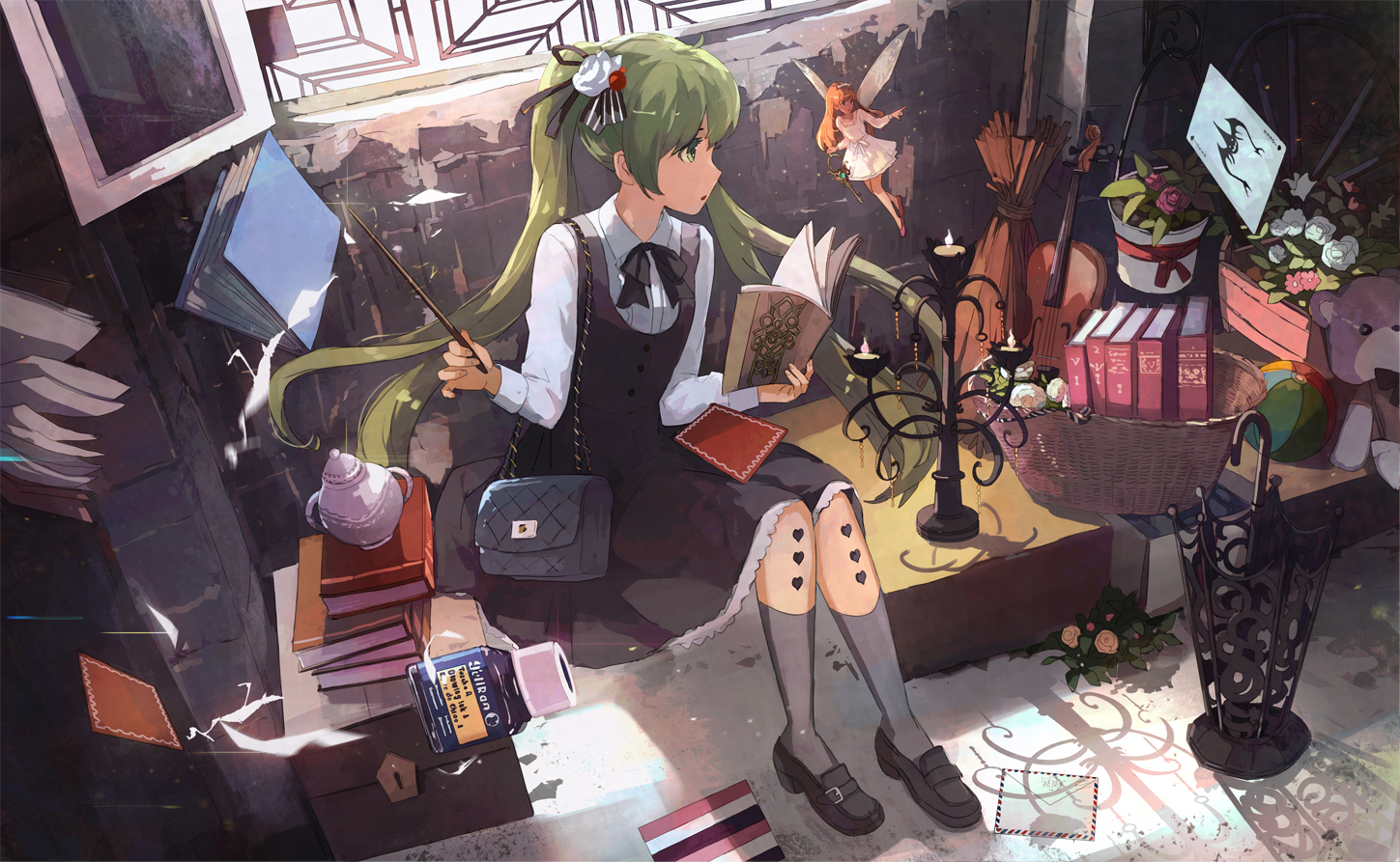 book, bow, dress, fairy, flowers, green_eyes, green_hair, hatsune_miku