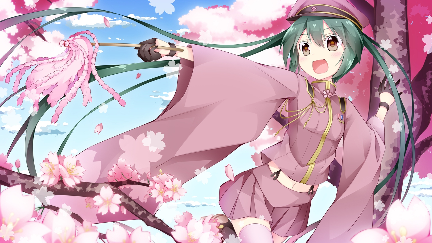brown_eyes, cherry_blossoms, flowers, gloves, hat, hatsune_miku, inumine_aya, navel