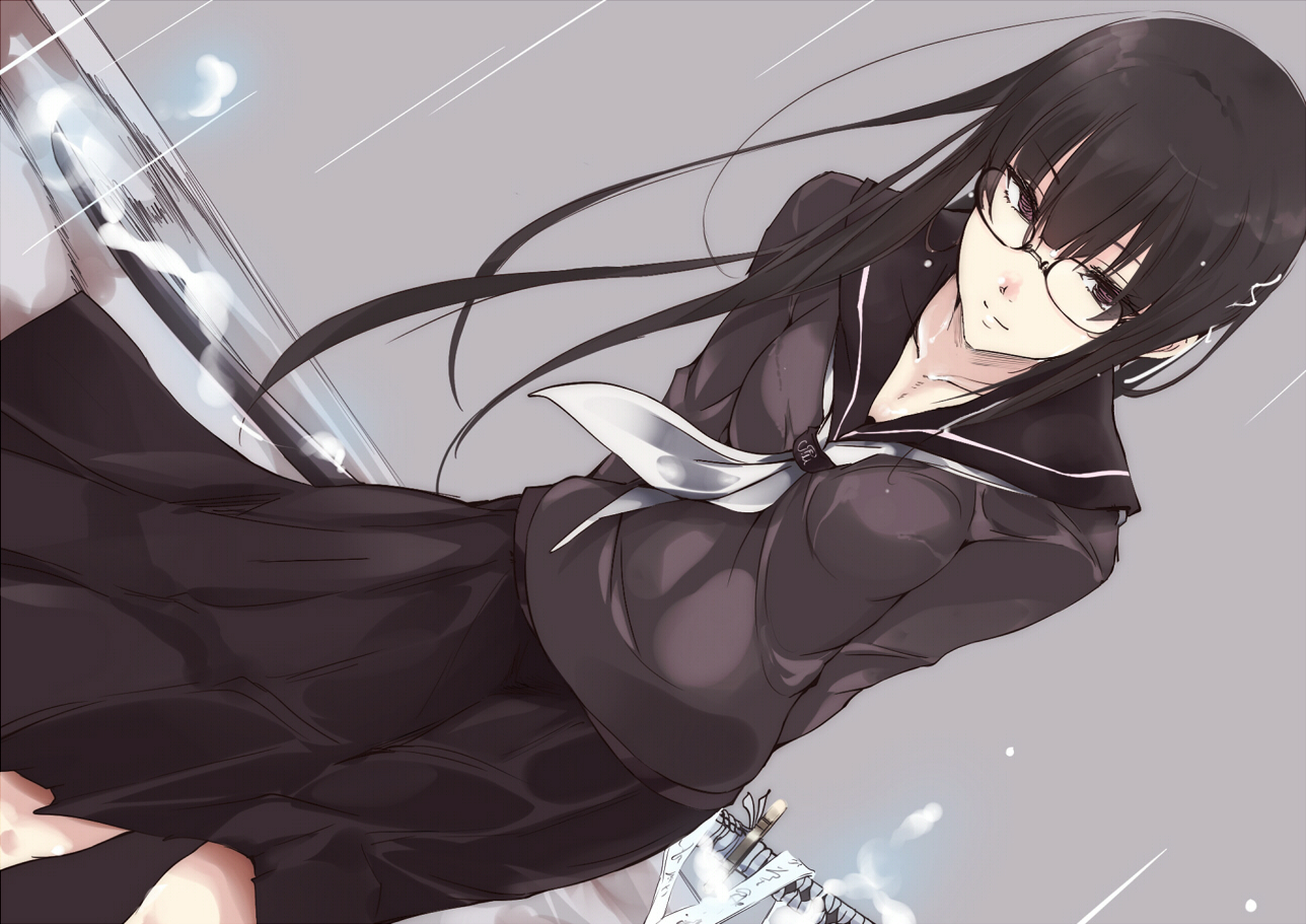 black_hair, glasses, katana, long_hair, original, school_uniform, skirt, sword