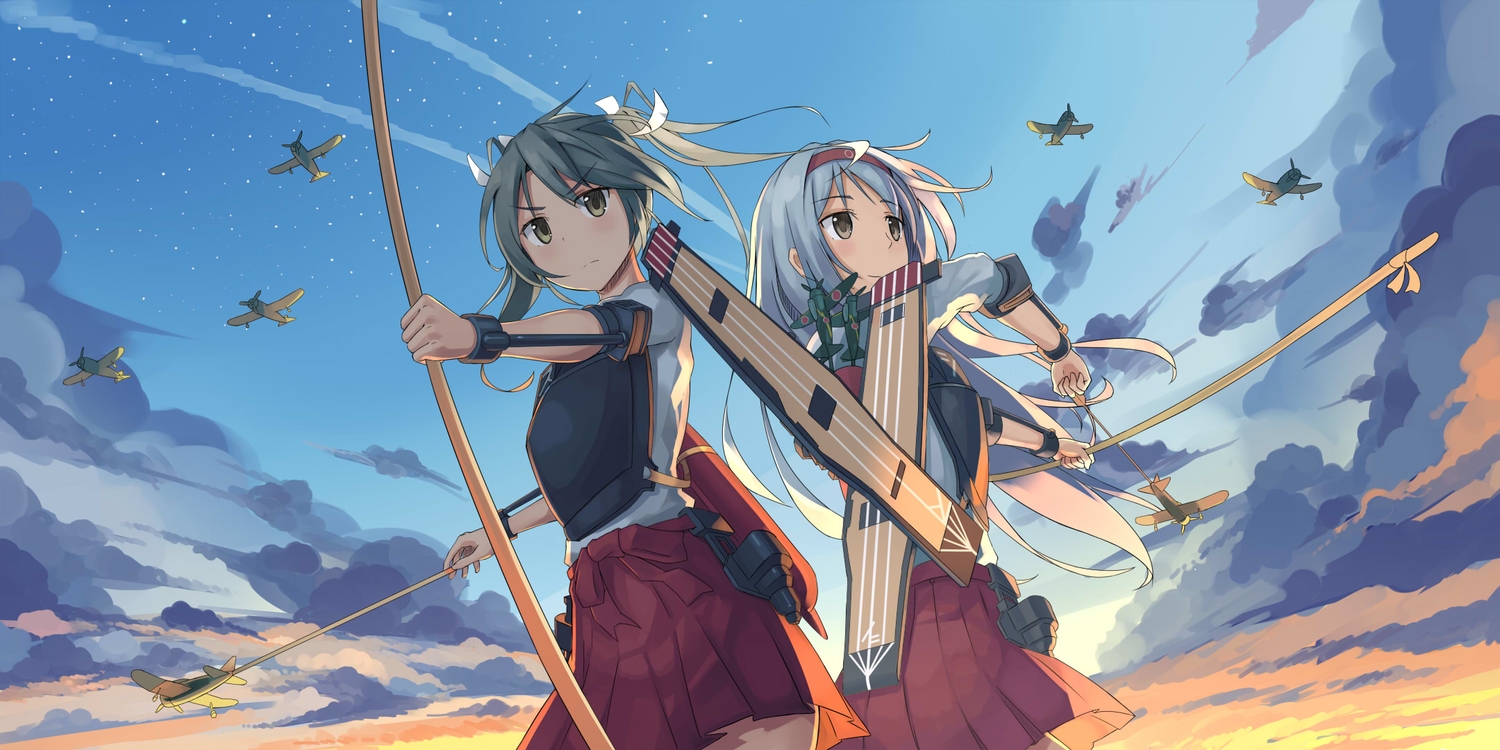 2girls, aircraft, anthropomorphism, bow_(weapon), cchhii3, clouds, headband, kantai_collection, shoukaku_(kancolle), skirt, weapon, zuikaku_(kancolle)