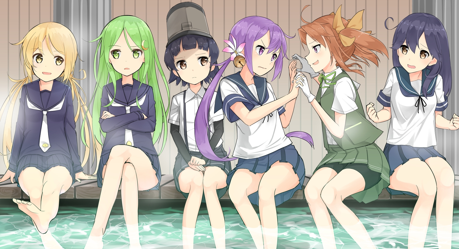 akebono_(kancolle), anthropomorphism, arare_(kancolle), bell, black_hair, blonde_hair, brown_hair, green_hair