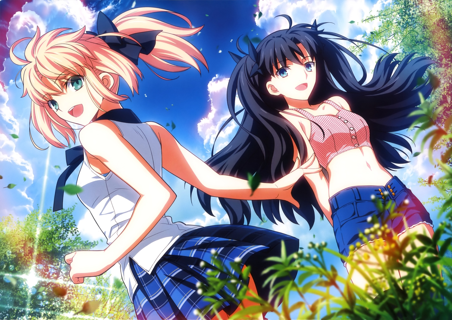 2girls, artoria_pendragon_(all), black_hair, blonde_hair, blue_eyes, clouds, fate_(series), fate/stay_night, navel, newtype, saber, saber_lily, scan, scenic, shorts, skirt, sky, summer, takeuchi_takashi, tohsaka_rin, type-moon