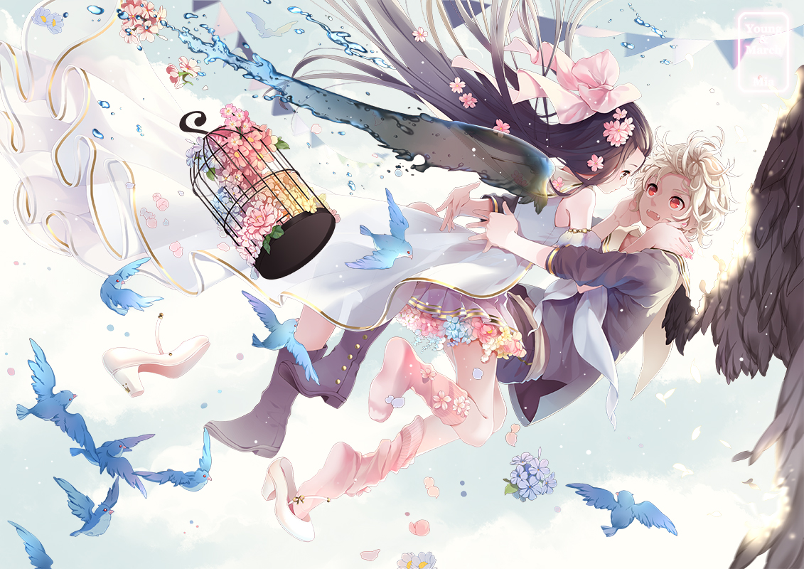 animal, bird, blonde_hair, boots, brown_hair, cage, dress, fang, flowers, long_hair, mia0309, original, red_eyes, short_hair, wings