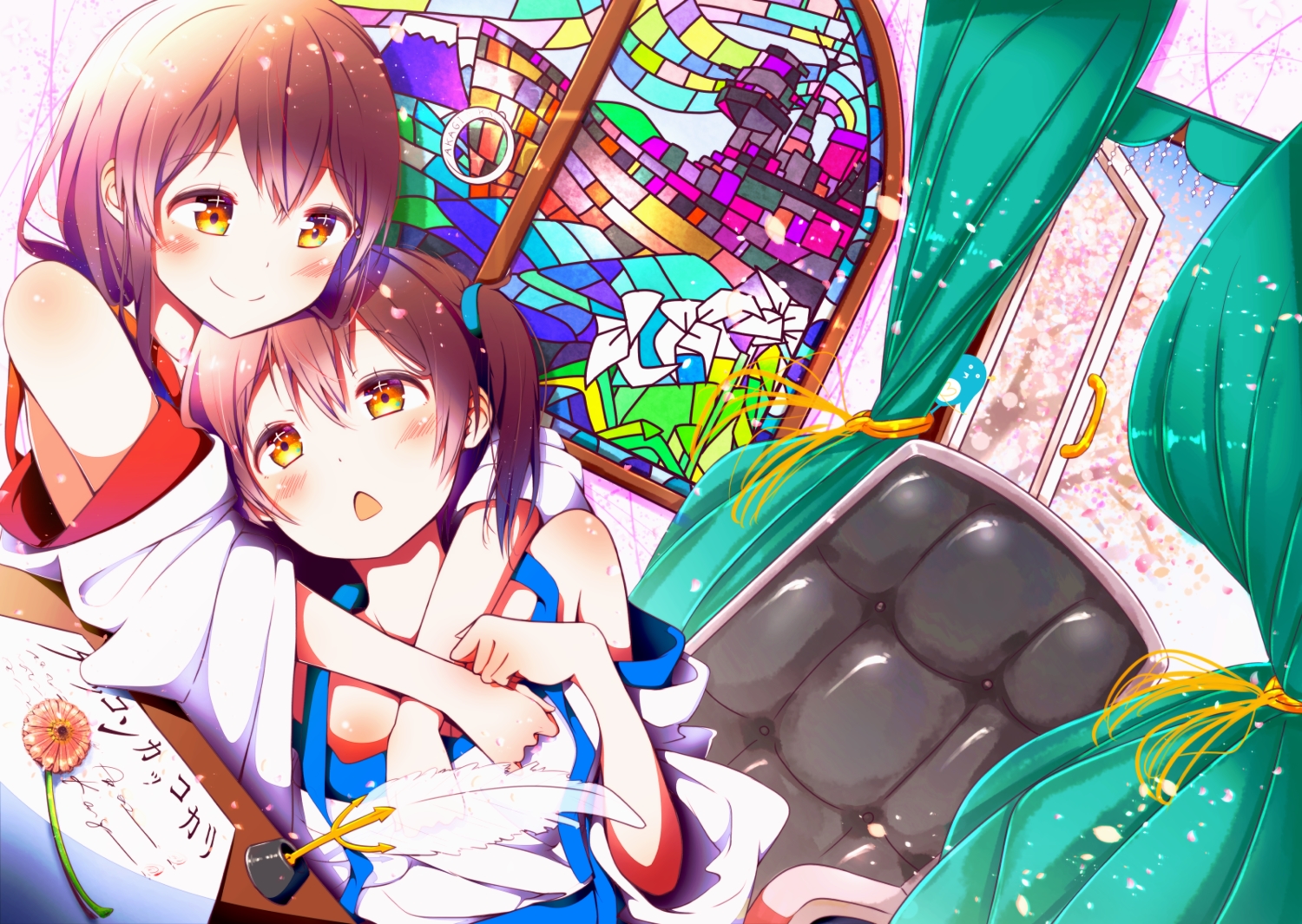 2girls, akagi_(kancolle), anthropomorphism, blush, brown_hair, feathers, hug, kaga_(kancolle), kantai_collection, koukii