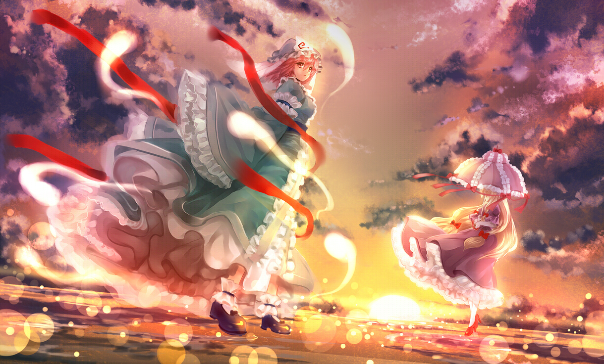 2girls, blonde_hair, clouds, dress, hat, japanese_clothes, long_hair, nagare, pink_hair, saigyouji_yuyuko, short_hair, sky, sunset, touhou, umbrella, yakumo_yukari