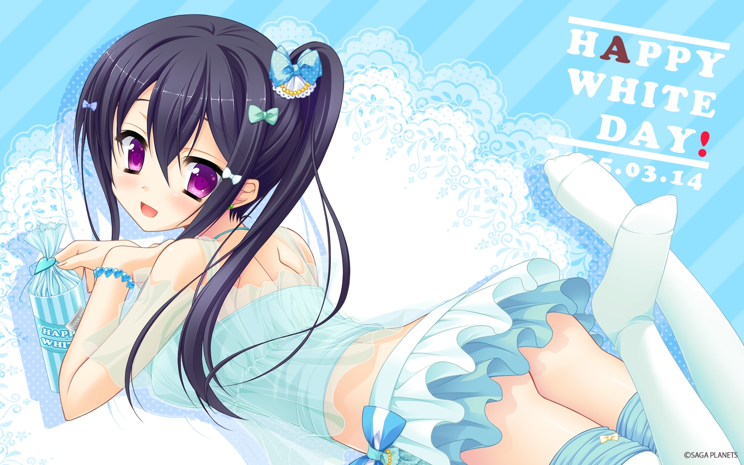 arisue_tsukasa, ass, black_hair, blue, bow, hanasaki_work_spring, koutsuki_kanna, long_hair, purple_eyes, saga_planets, see_through, skirt, thighhighs, watermark, wristwear