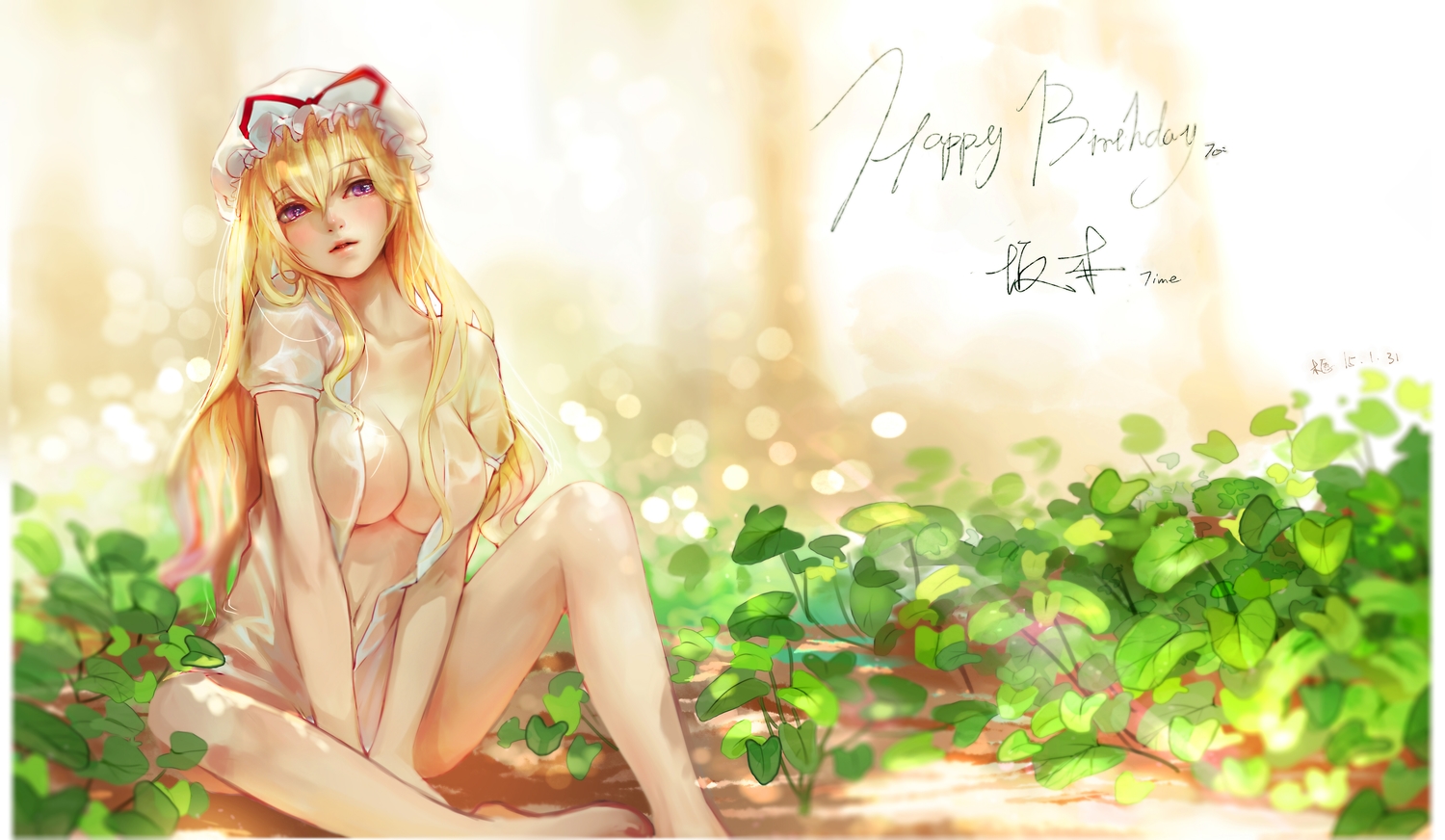 barefoot, blonde_hair, blush, breasts, cleavage, hat, kamachi_kamachi-ko, leaves, long_hair, open_shirt, pink_eyes, ribbons, signed, touhou, yakumo_yukari