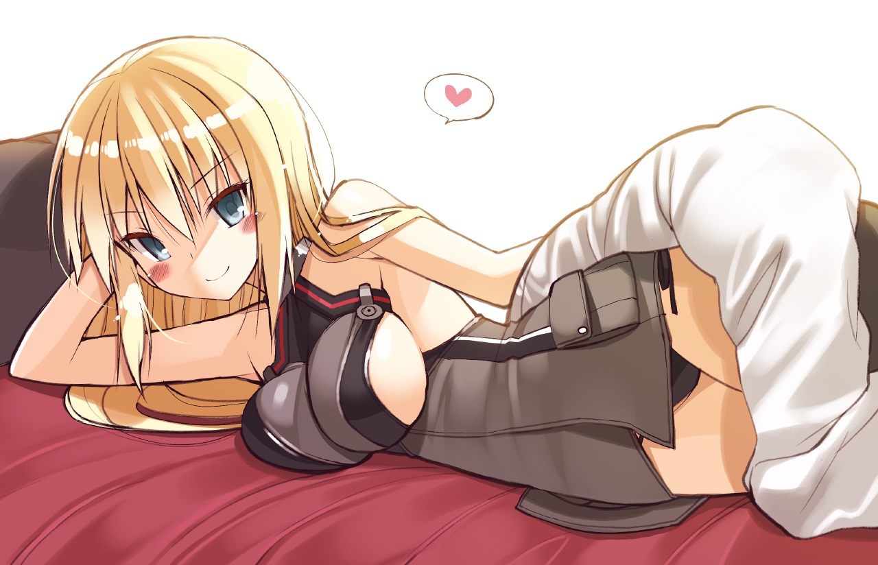 anthropomorphism, bismarck_(kancolle), blonde_hair, blush, breasts, kantai_collection, long_hair, oota_yuuichi, panties, sideboob, underwear