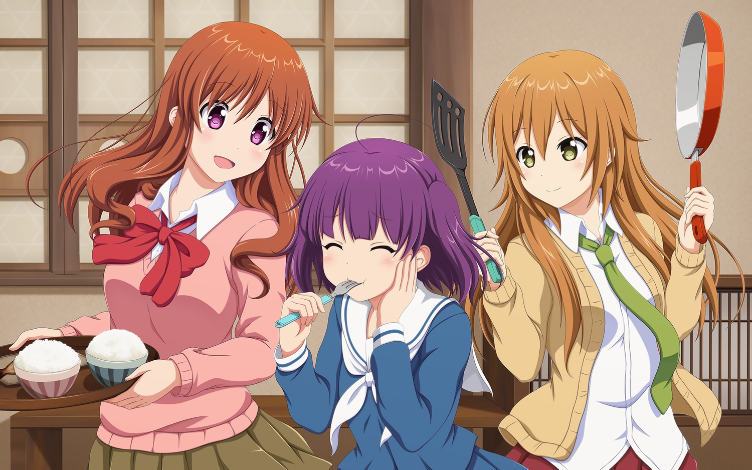 bow, brown_hair, food, green_eyes, koufuku_graffiti, machiko_ryou, morino_kirin, purple_eyes