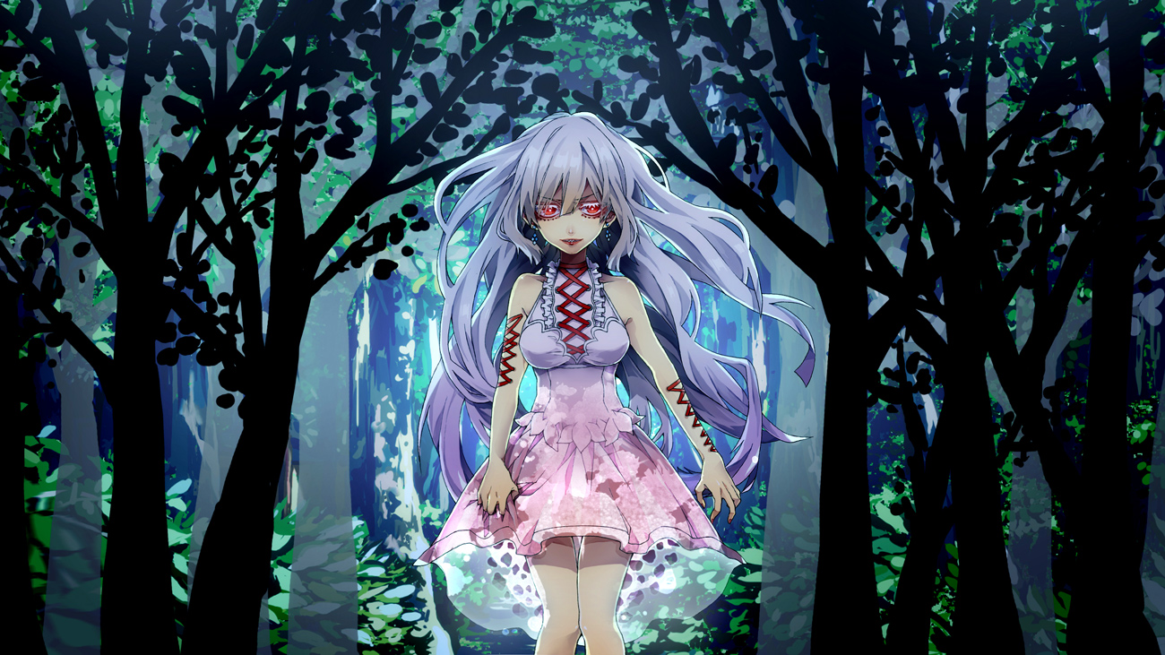dress, forest, gray_hair, long_hair, pipipiosuke, red_eyes, silhouette, tree, vocaloid