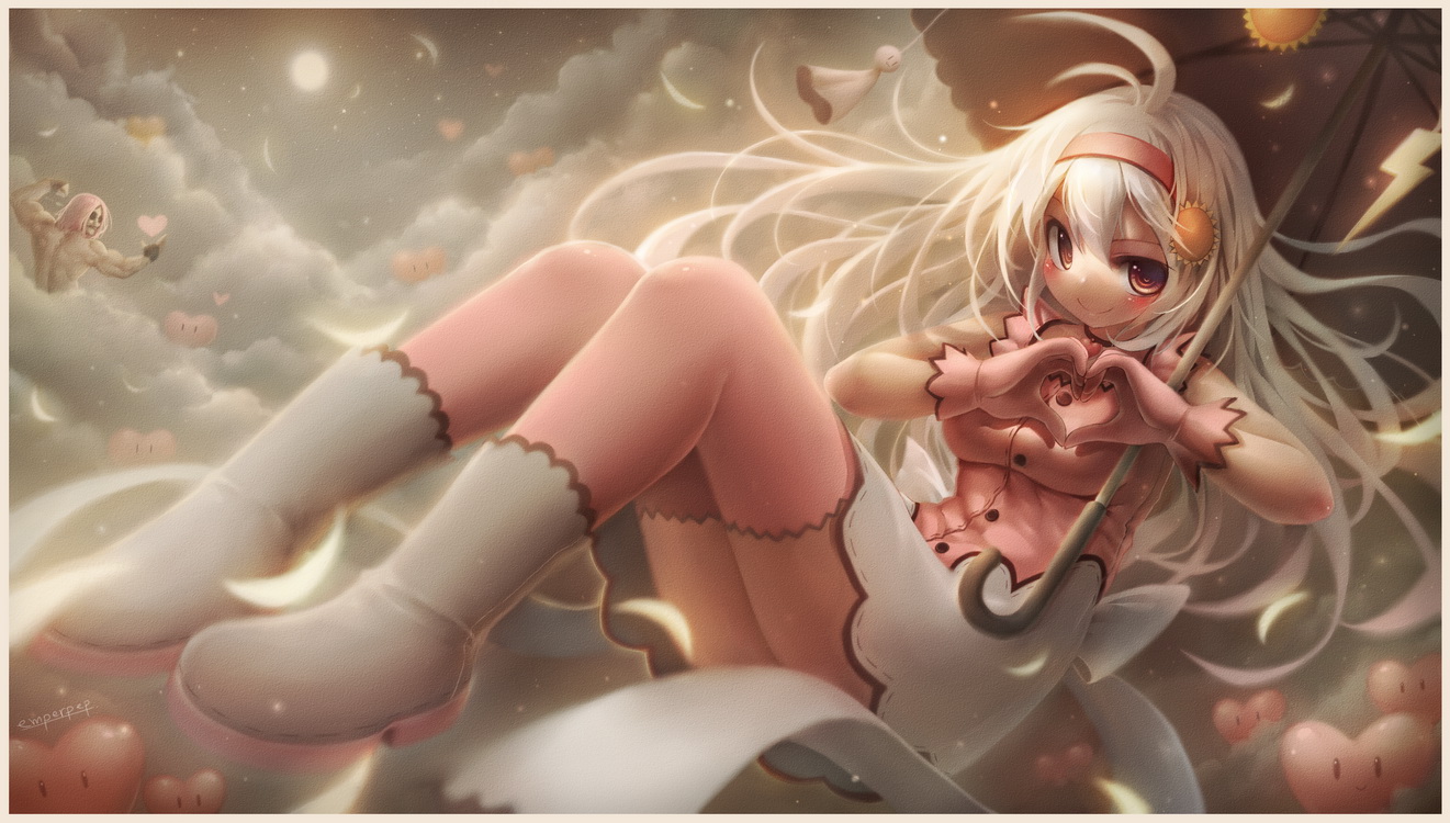 boots, clouds, emperpep, gloves, headband, heart, male, moon, red_eyes, signed, sky, umbrella, white_hair