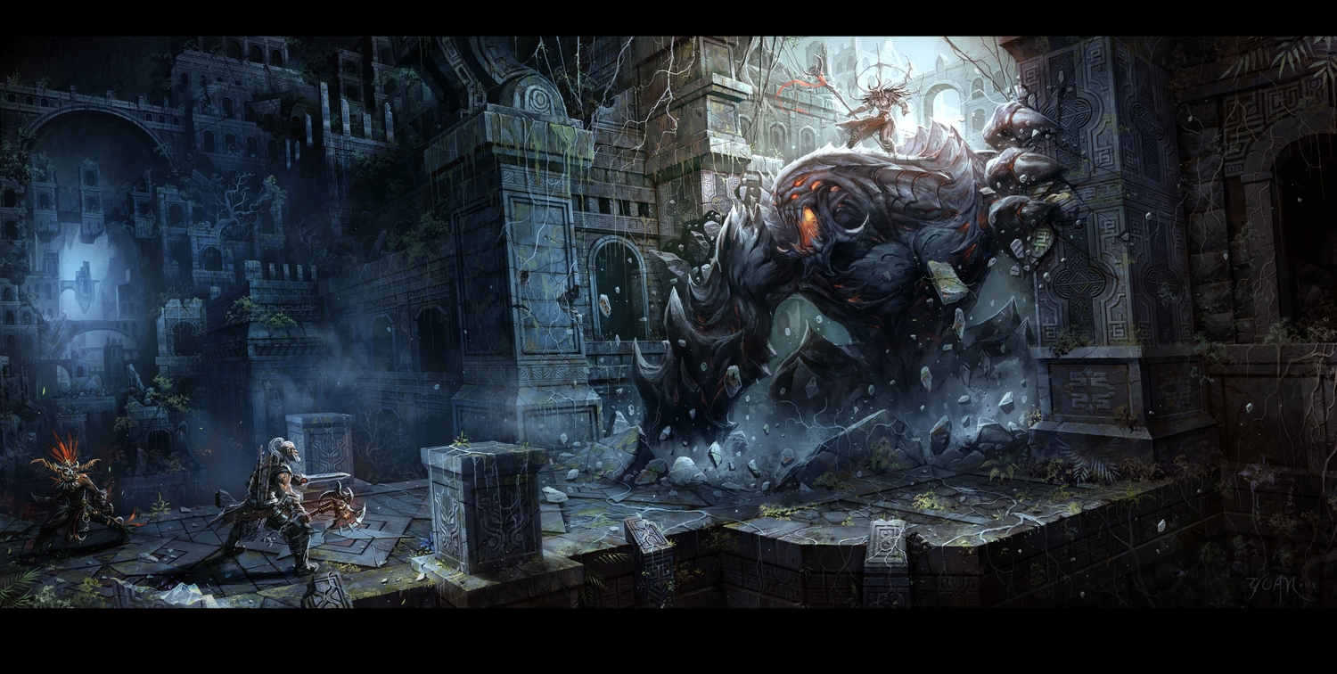 armor, building, city, dark, diablo, gray_hair, horns, jpeg_artifacts, mask, ruins, scenic, staff, tagme, tree, weapon