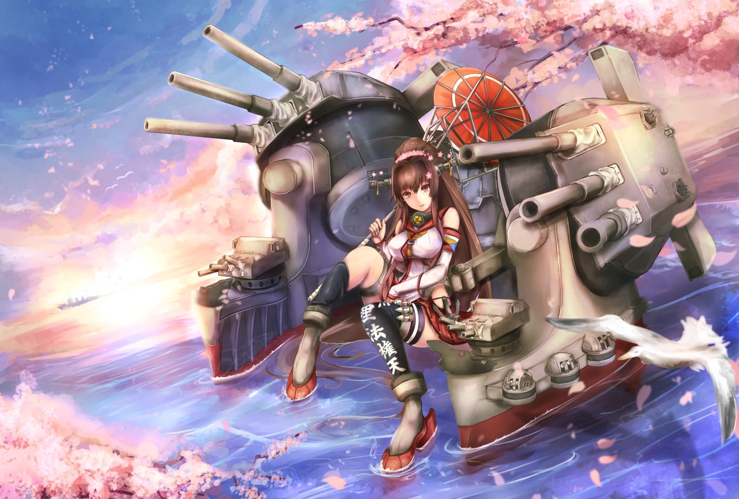 animal, anthropomorphism, bird, brown_hair, cherry_blossoms, clouds, flowers, kantai_collection