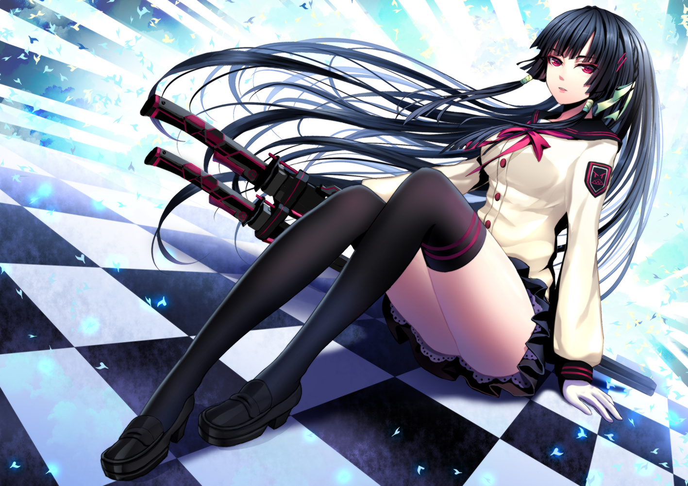 black_hair, long_hair, lunatic_(phantasy), original, red_eyes, school_uniform, skirt, sword, thighhighs, weapon
