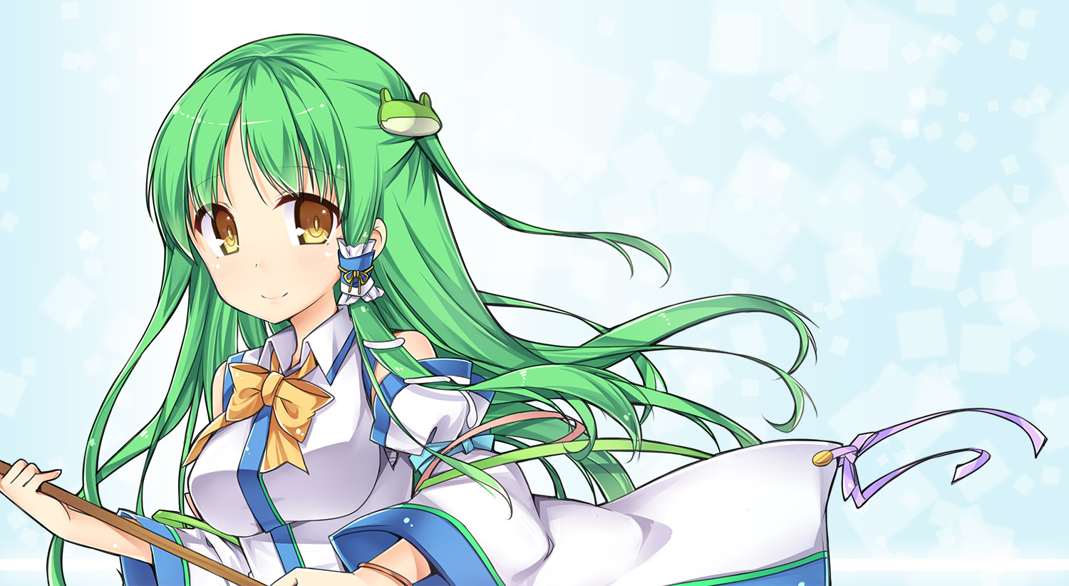 amemiya_ruki, bow, brown_eyes, green_hair, japanese_clothes, kochiya_sanae, long_hair, miko