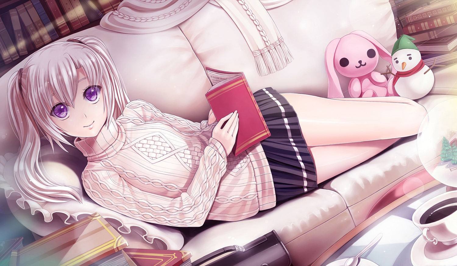 book, drink, g_senjou_no_maou, long_hair, purple_eyes, shiratori_mizuha, skirt, sunimu, white_hair