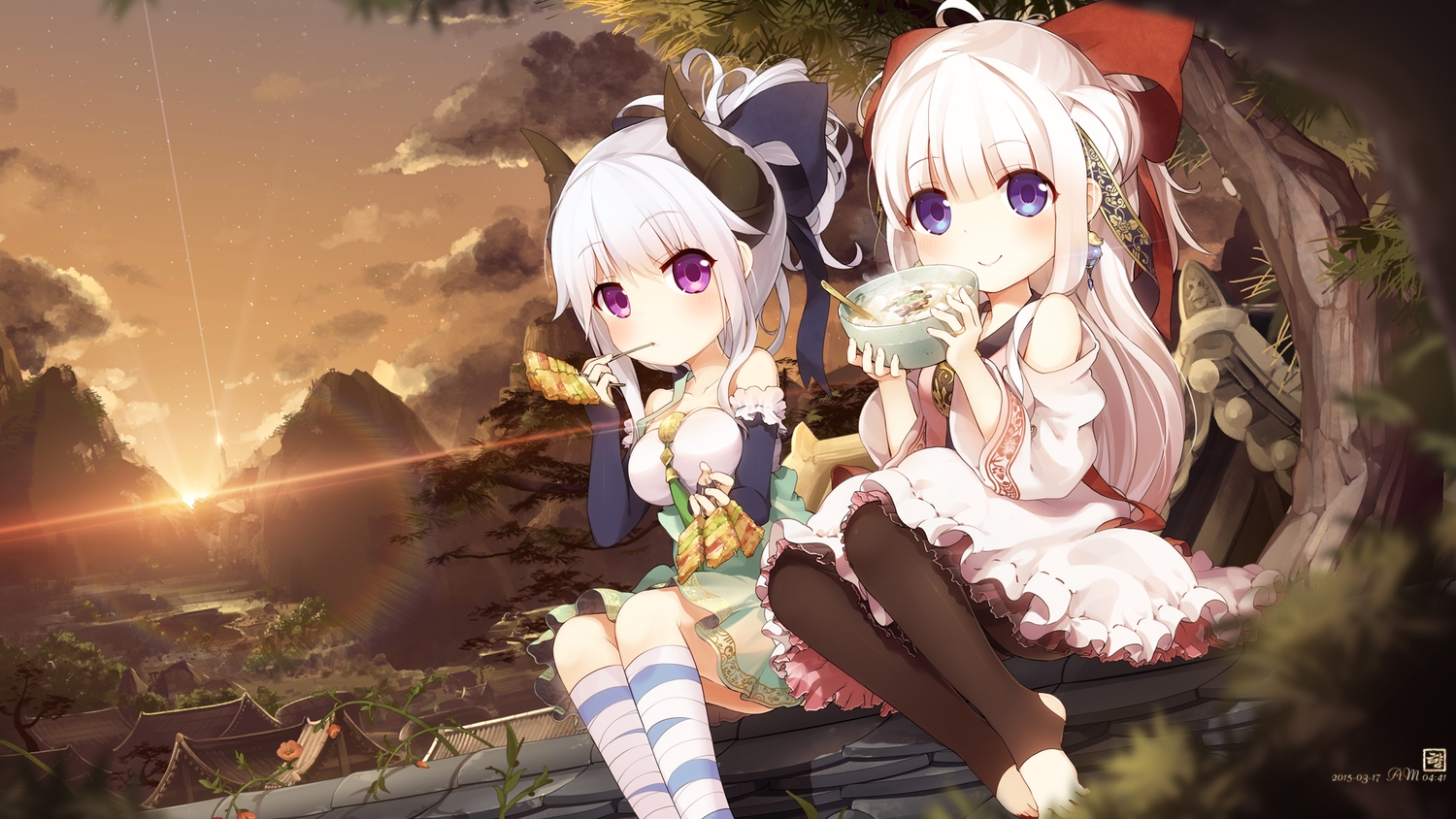 2girls, barefoot, blue_eyes, bow, building, clouds, dress, flowers, food, horns, jakoujika, kneehighs, long_hair, original, ponytail, purple_eyes, scenic, stars, sunset, tree, watermark