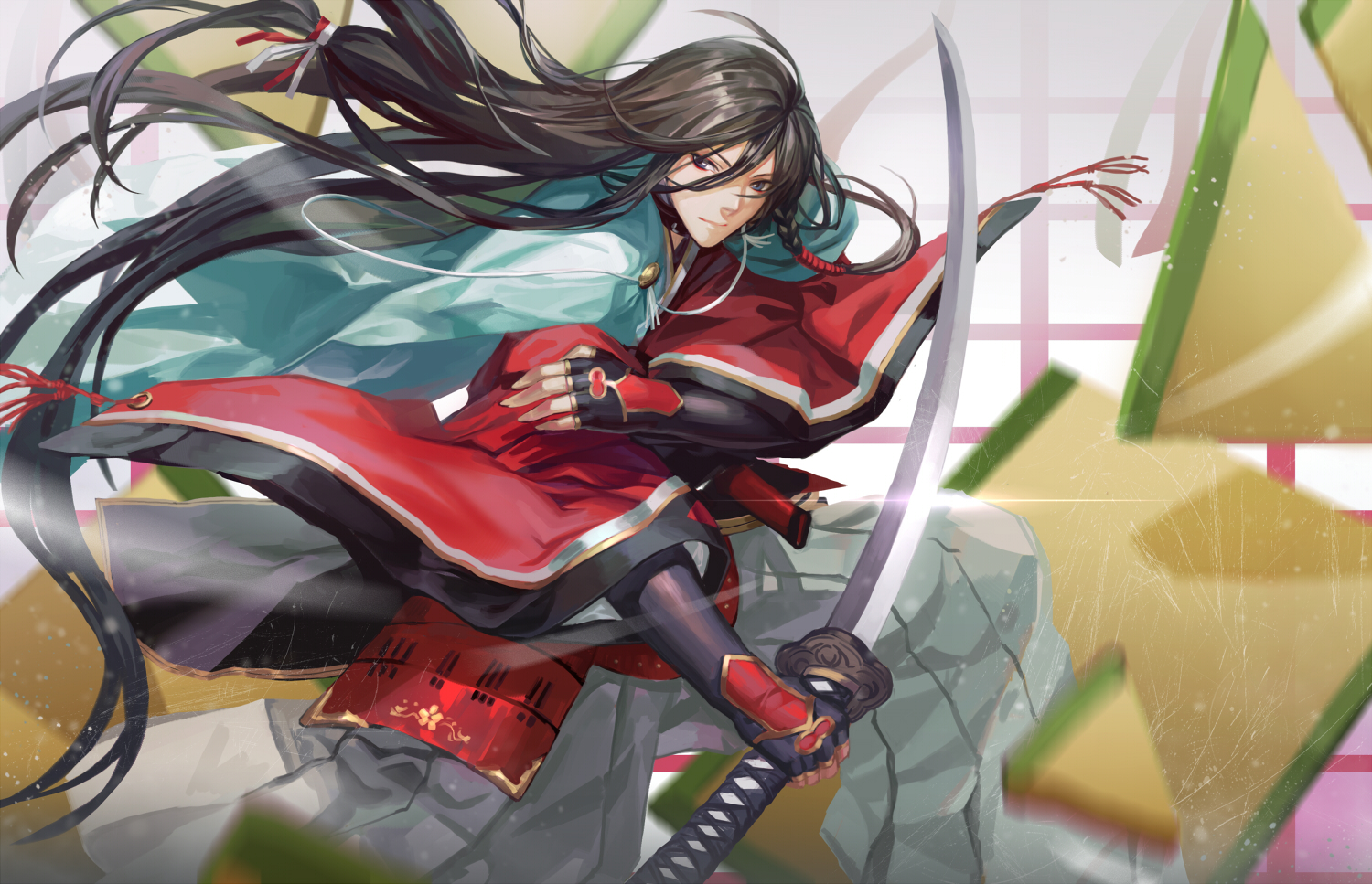 all_male, anthropomorphism, black_hair, infukun, izumi-no-kami_kanesada, japanese_clothes, katana, long_hair, male, sword, touken_ranbu, weapon