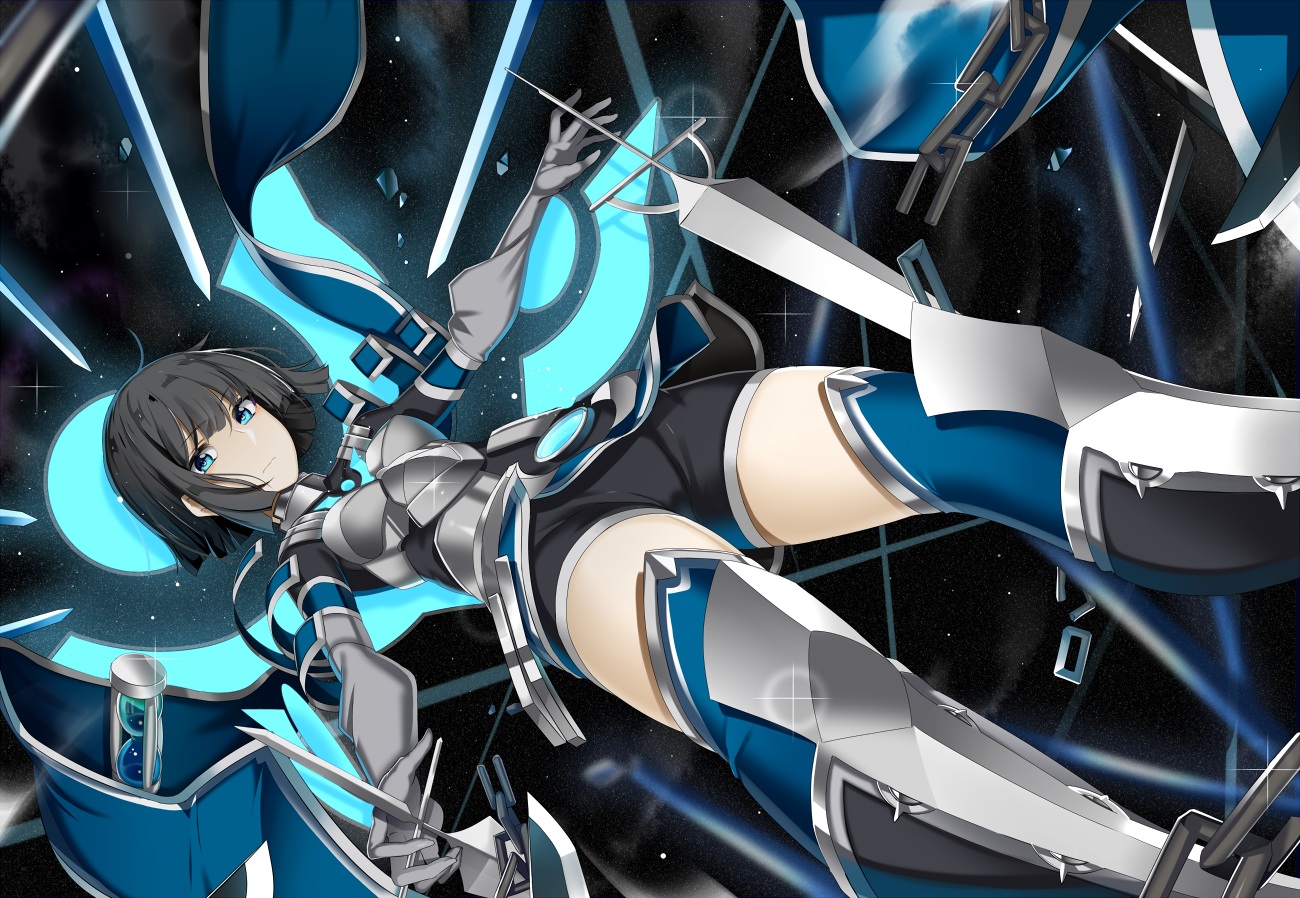 armor, black_hair, blue_eyes, chain, koko_shiguma, original, short_hair, shorts, sword, weapon