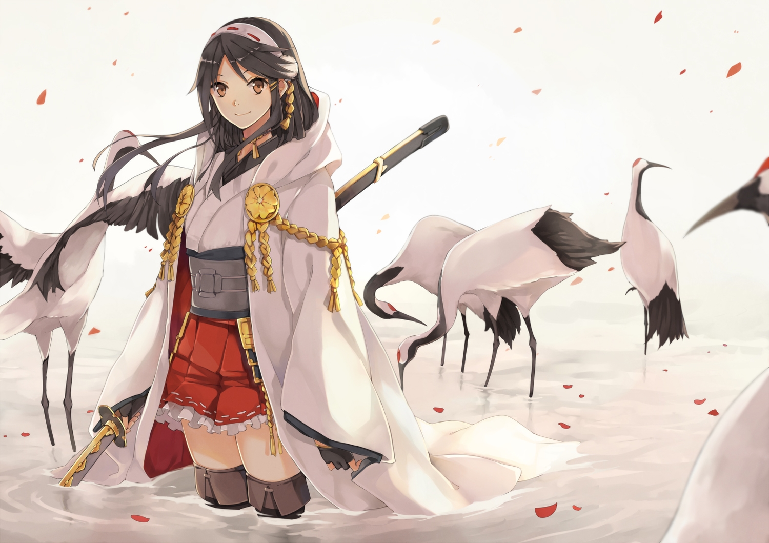 animal, anthropomorphism, bird, black_hair, brown_eyes, hao_(patinnko), haruna_(kancolle), headband, hood, japanese_clothes, kantai_collection, katana, long_hair, miko, petals, skirt, sword, thighhighs, water, weapon, zettai_ryouiki