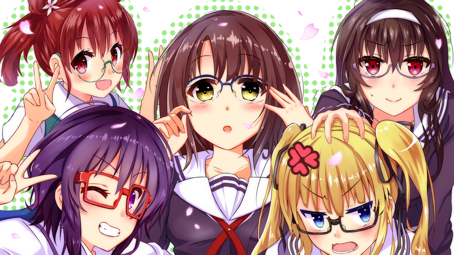 blonde_hair, blue_eyes, blush, bow, brown_eyes, brown_hair, fang, glasses