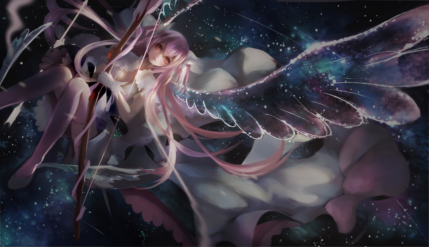 bow_(weapon), gloves, kamachi_kamachi-ko, kaname_madoka, long_hair, mahou_shoujo_madoka_magica, night, pink_hair, sky, thighhighs, ultimate_madoka, weapon, wings