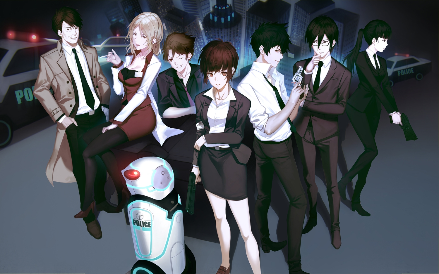 building, car, cigarette, city, dark, ginoza_nobuchika, glasses, group, gun, kagari_shuusei, karanomori_shion, kougami_shinya, kunizuka_yayoi, male, masaoka_tomomi, police, psycho-pass, robot, short_hair, skirt, suit, tie, tsunemori_akane, weapon, wink, yykuaixian