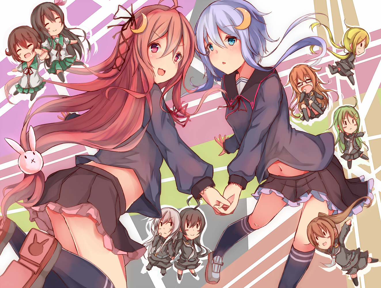 anthropomorphism, black_hair, blonde_hair, blue_eyes, blush, chibi, flowers, fumizuki_(kancolle)