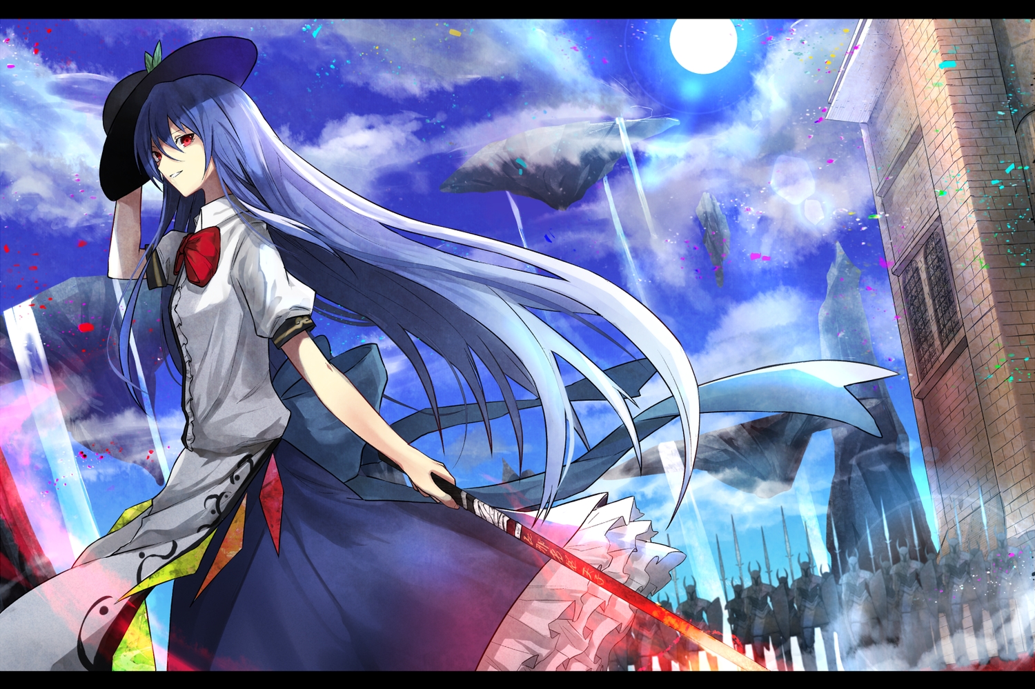 armor, blue_hair, building, eisuto, hat, hinanawi_tenshi, long_hair, red_eyes