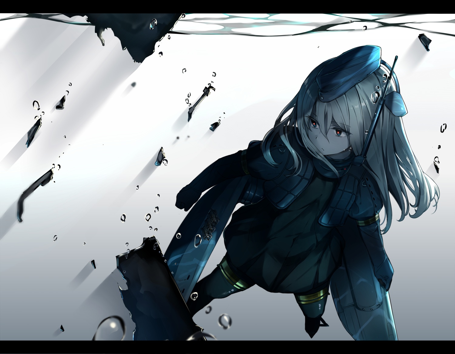 anthropomorphism, bubbles, elbow_gloves, gloves, hat, kantai_collection, mechagirl, red_eyes, ro-500_(kancolle), soukou_makura, u-511_(kancolle), underwater, uniform, water