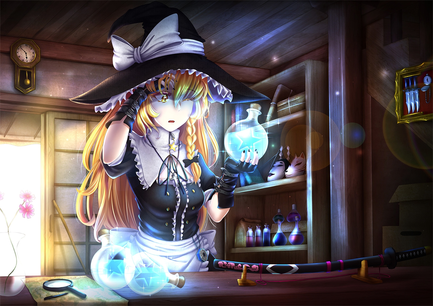 blonde_hair, book, flowers, gloves, hat, katana, kirisame_marisa, knife, long_hair, mask, mochi_(chain_csn), sword, touhou, weapon, wink, witch, witch_hat, yellow_eyes