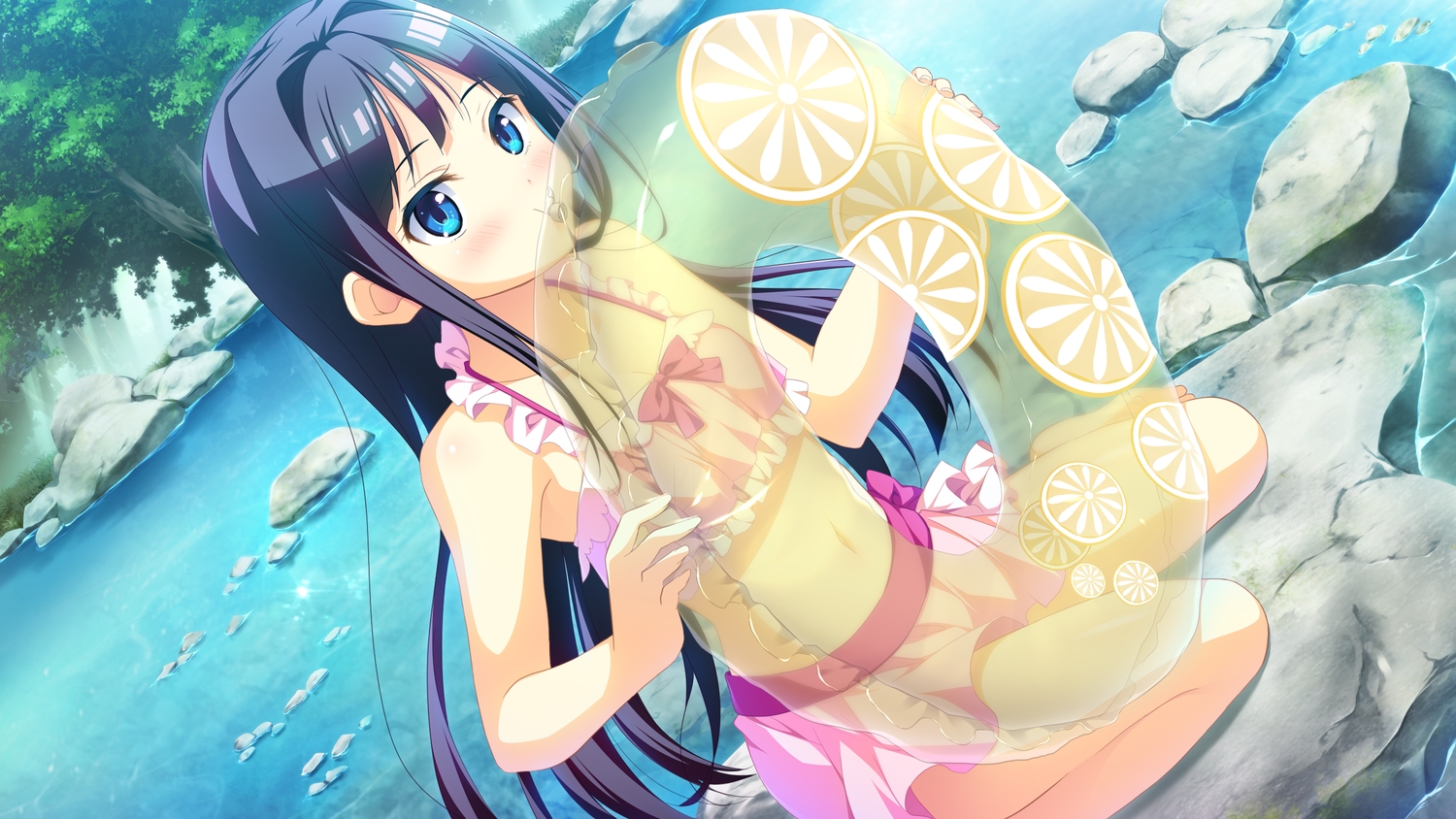 bikini, black_hair, blue_eyes, game_cg, long_hair, natsuiro_recipe, navel, ousaka_nozomi, pulltop, swim_ring, swimsuit, water, yaehara_yuzu